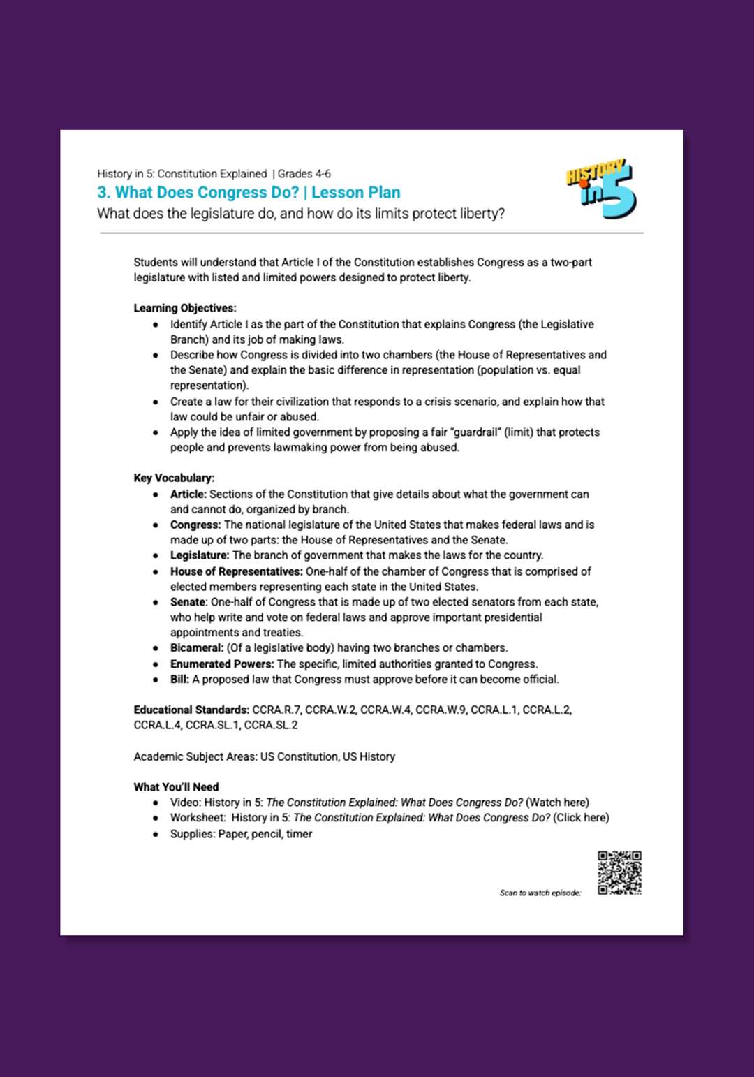 "History in 5: Constitution Explained—What Does Congress Do?" Lesson Plan