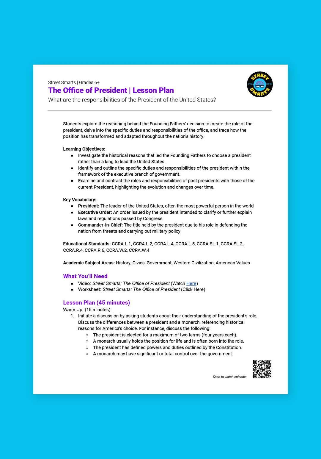 "Street Smarts: The Office of President" Lesson Plan