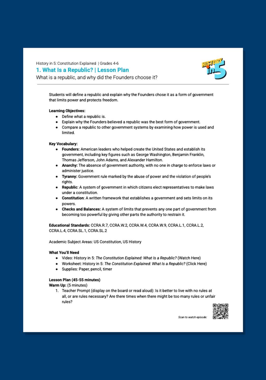 "History in 5: Constitution Explained—What Is a Republic?" Lesson Plan