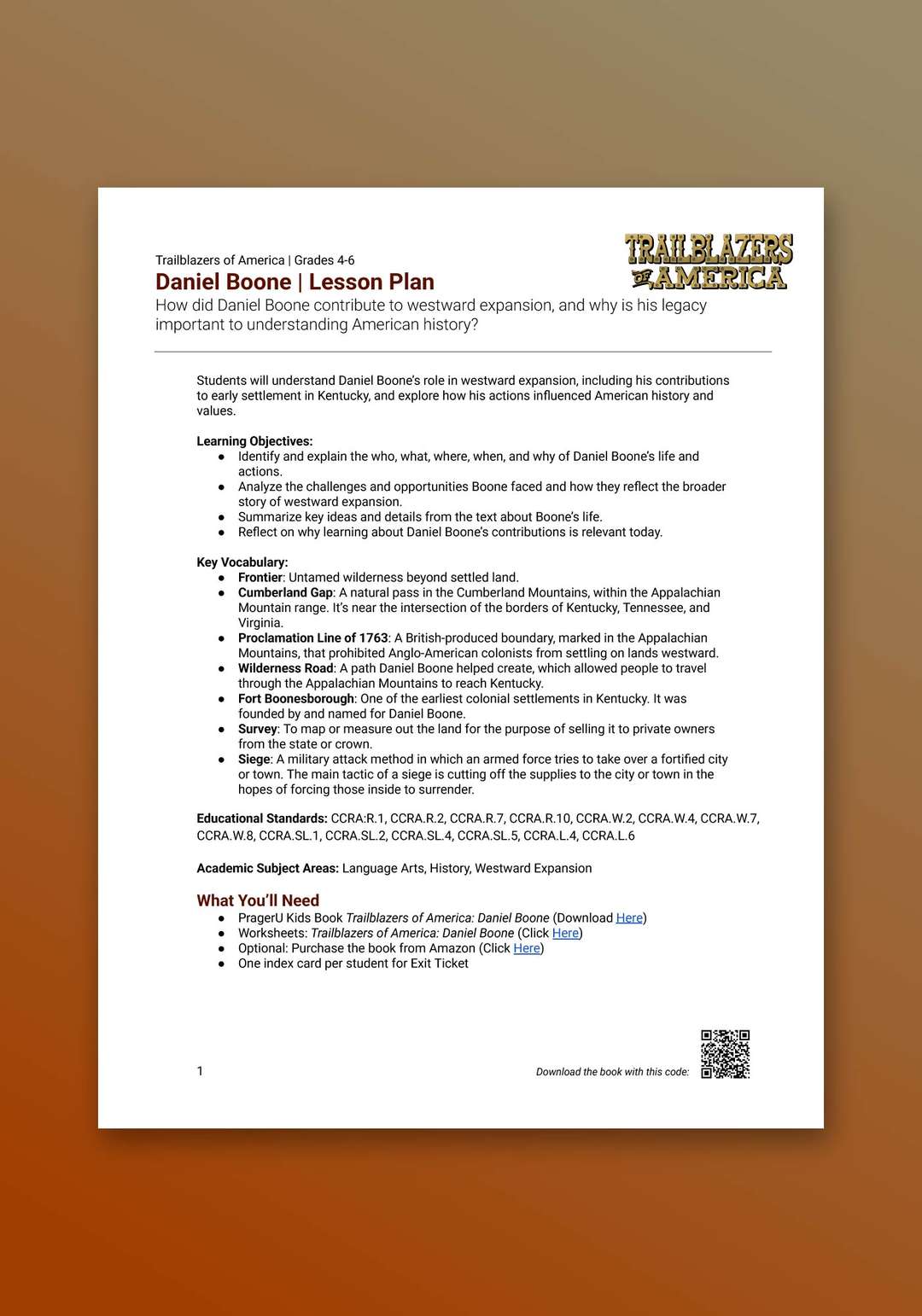 "Trailblazers of America: Daniel Boone" Lesson Plan