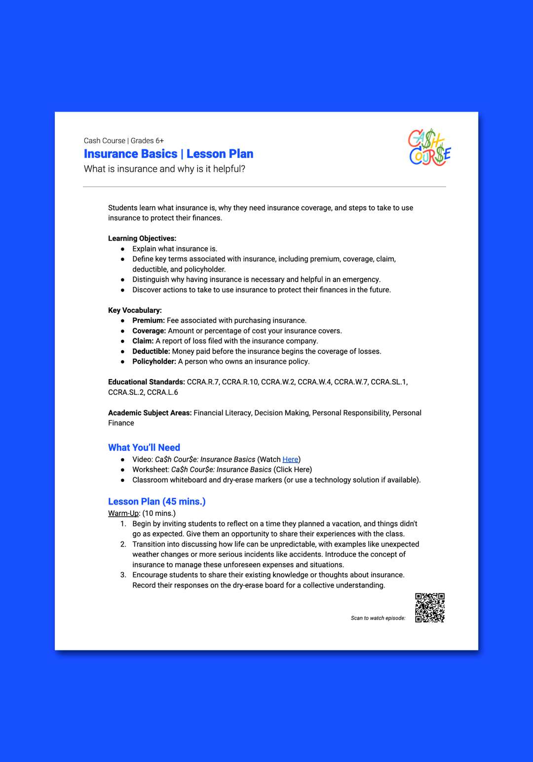 "Cash Course: Insurance Basics" Lesson Plan