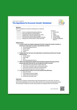 "Cash Course: The Ingredients for Economic Growth" Worksheet
