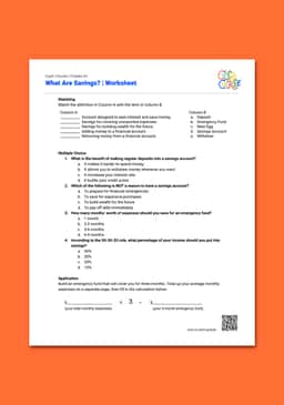 "Cash Course: What Are Savings?" Worksheet