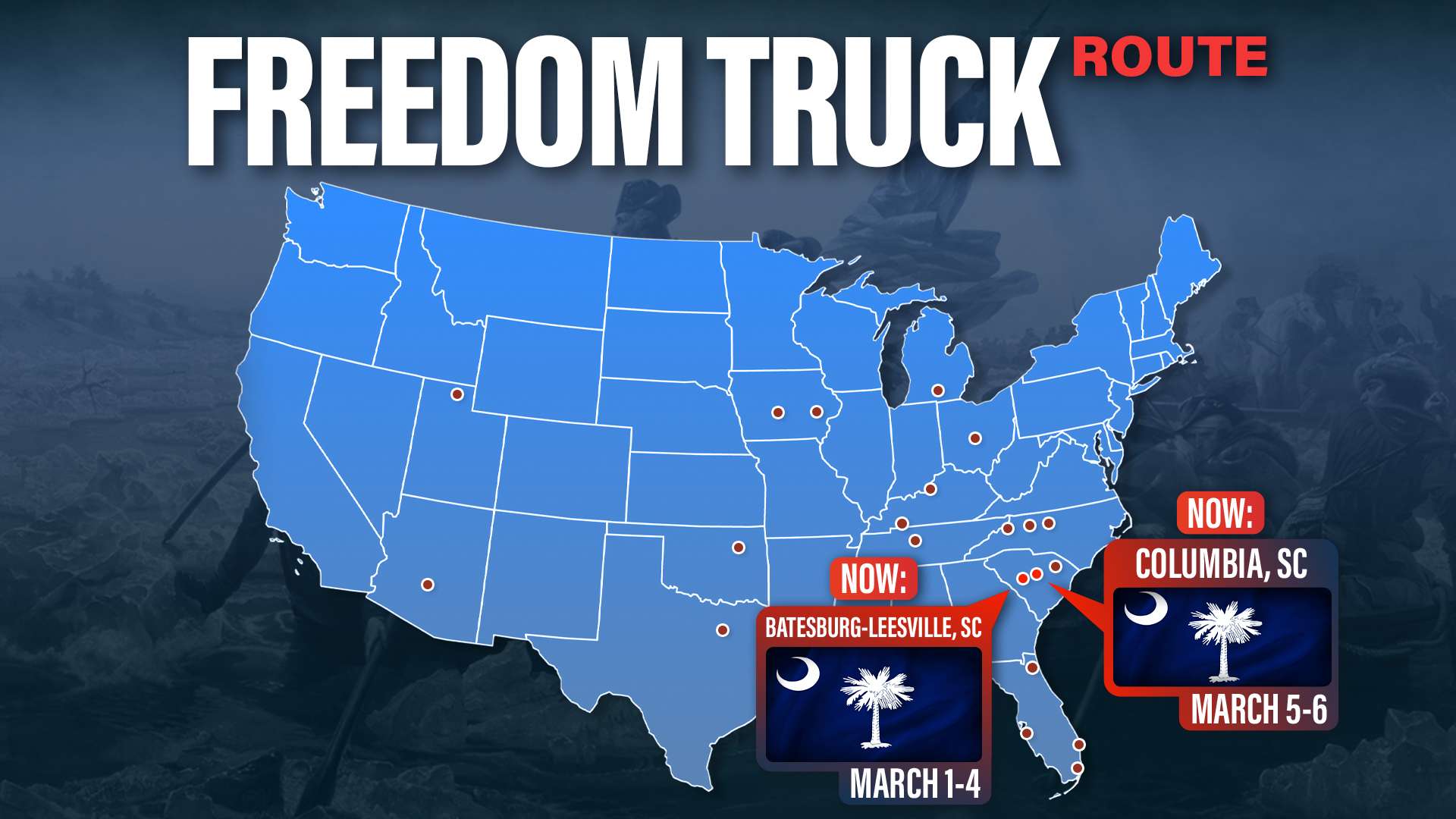 America 250 Freedom Truck Map Highlight 2026 Feb 25-28